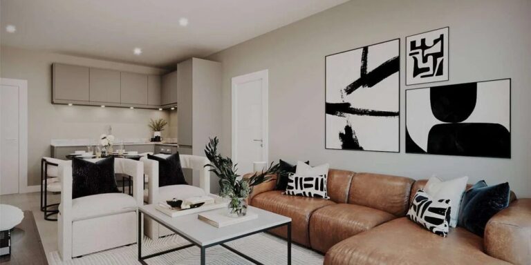 A open plan living room with brown and white furniture