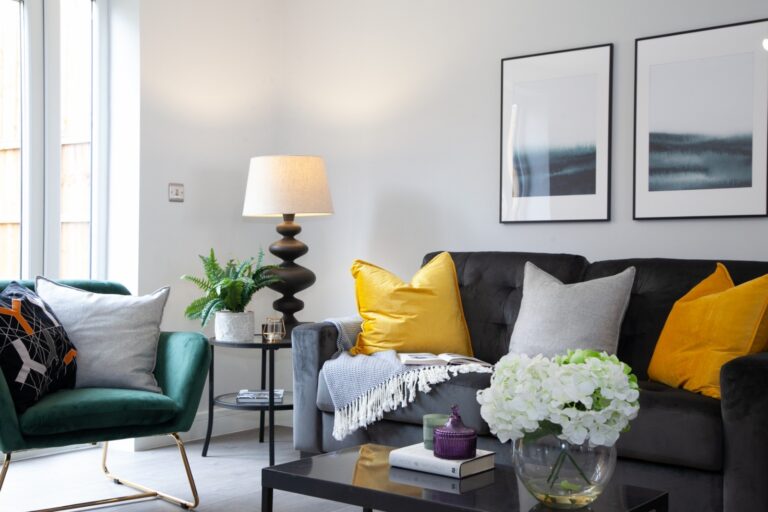 Living room with grey sofa and yellow cushions